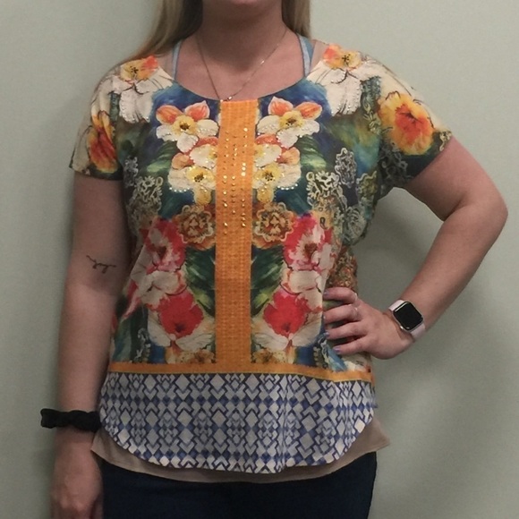 BLEU boho bright floral mixed print top with embellishments size Medium. - Picture 5 of 10